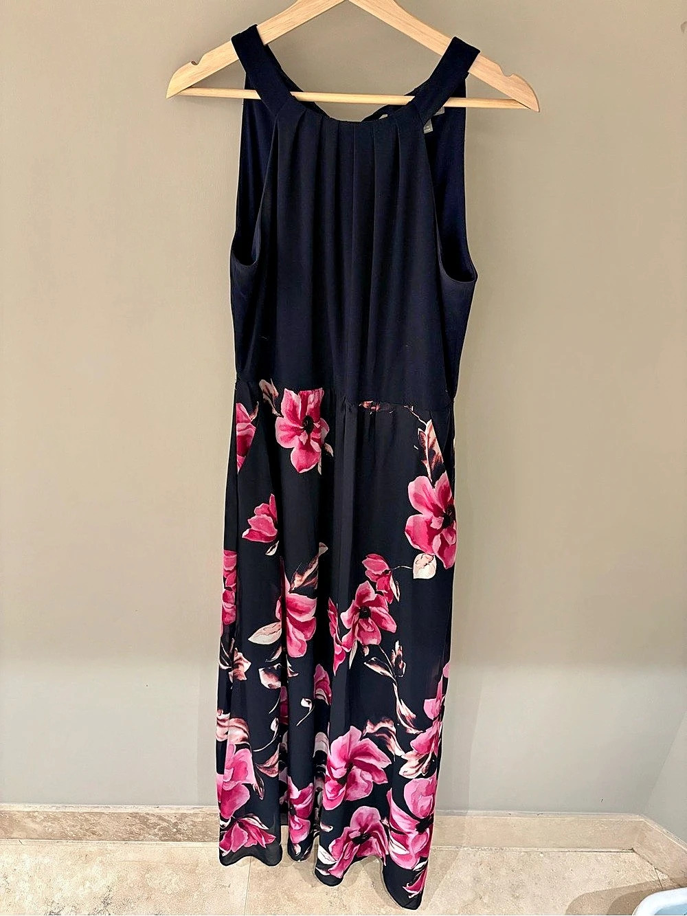 Laura Black Floral Halter Maxi Dress with Pockets